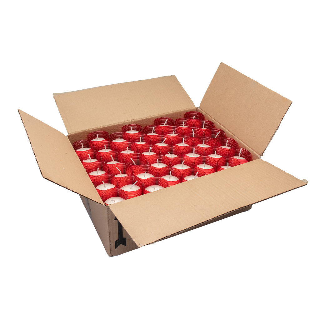 Caja de 40 Velones Litúrgicos Rojos Grandes (16x6 cm) – Duración 4 Dias y Máxima Seguridad.